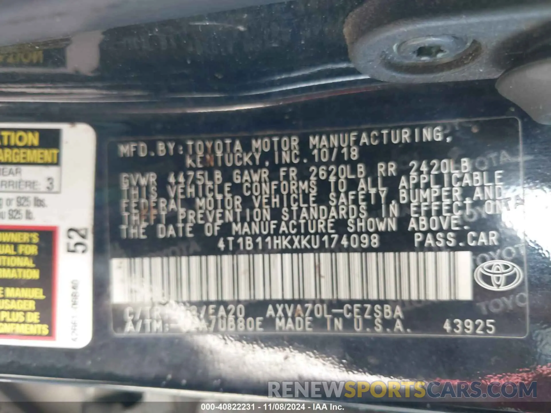9 Photograph of a damaged car 4T1B11HKXKU174098 TOYOTA CAMRY 2019