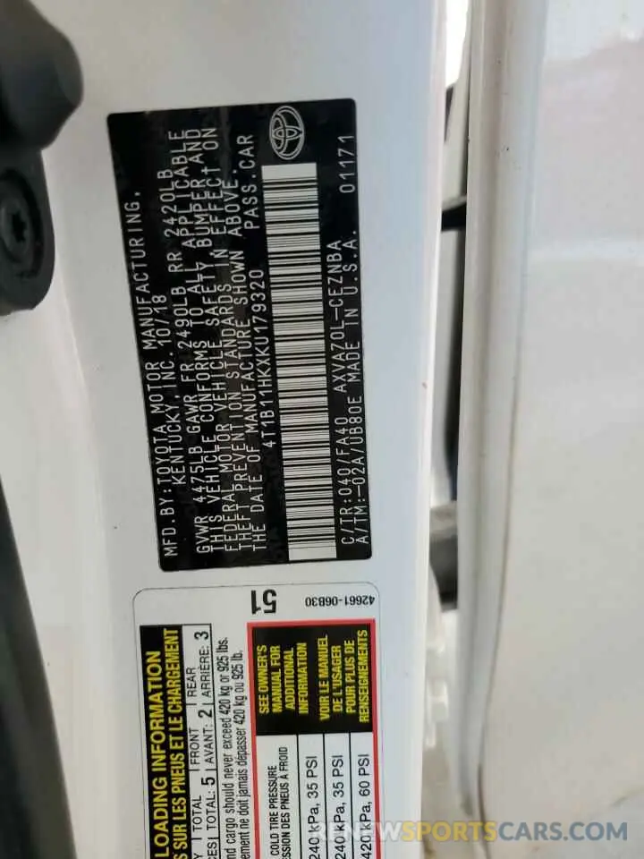 12 Photograph of a damaged car 4T1B11HKXKU179320 TOYOTA CAMRY 2019