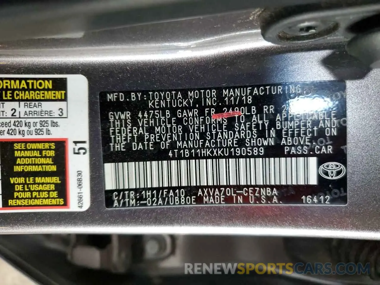 12 Photograph of a damaged car 4T1B11HKXKU190589 TOYOTA CAMRY 2019