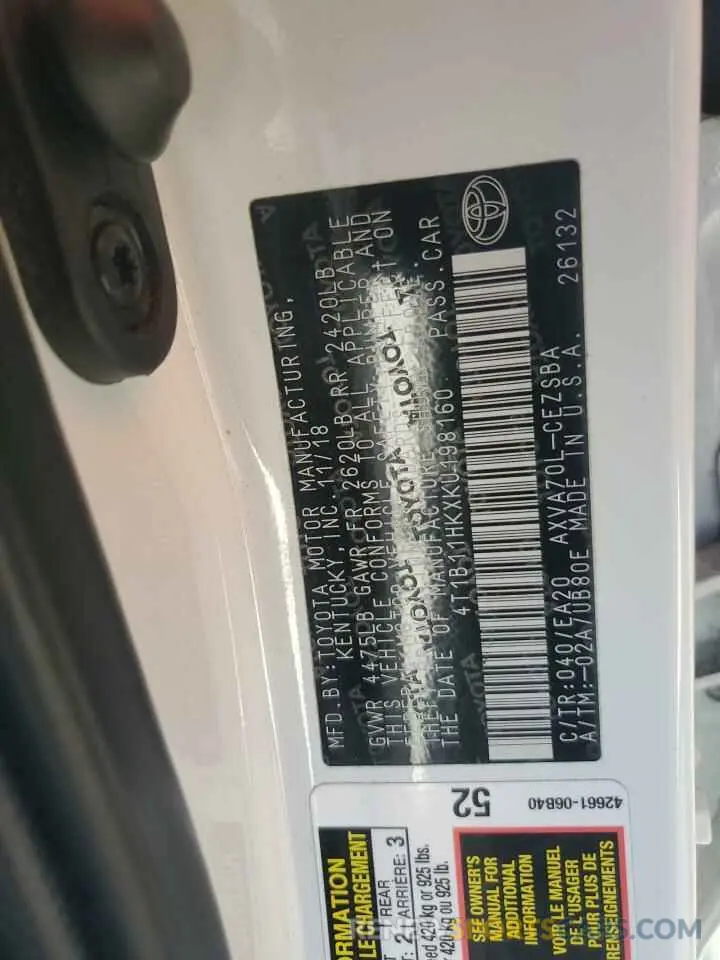12 Photograph of a damaged car 4T1B11HKXKU198160 TOYOTA CAMRY 2019