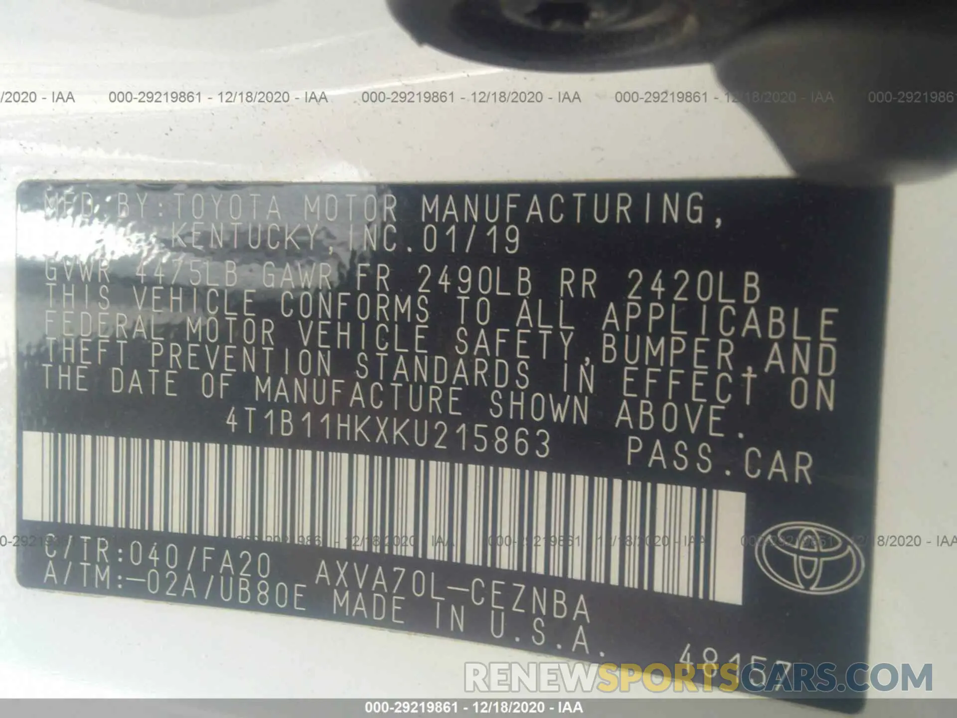 9 Photograph of a damaged car 4T1B11HKXKU215863 TOYOTA CAMRY 2019