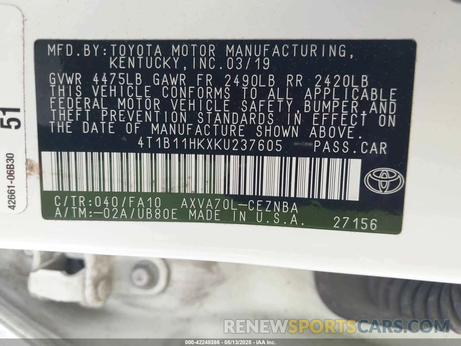 9 Photograph of a damaged car 4T1B11HKXKU237605 TOYOTA CAMRY 2019
