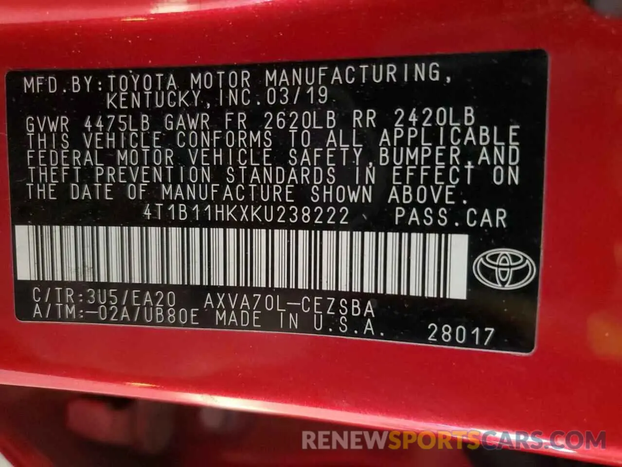 12 Photograph of a damaged car 4T1B11HKXKU238222 TOYOTA CAMRY 2019