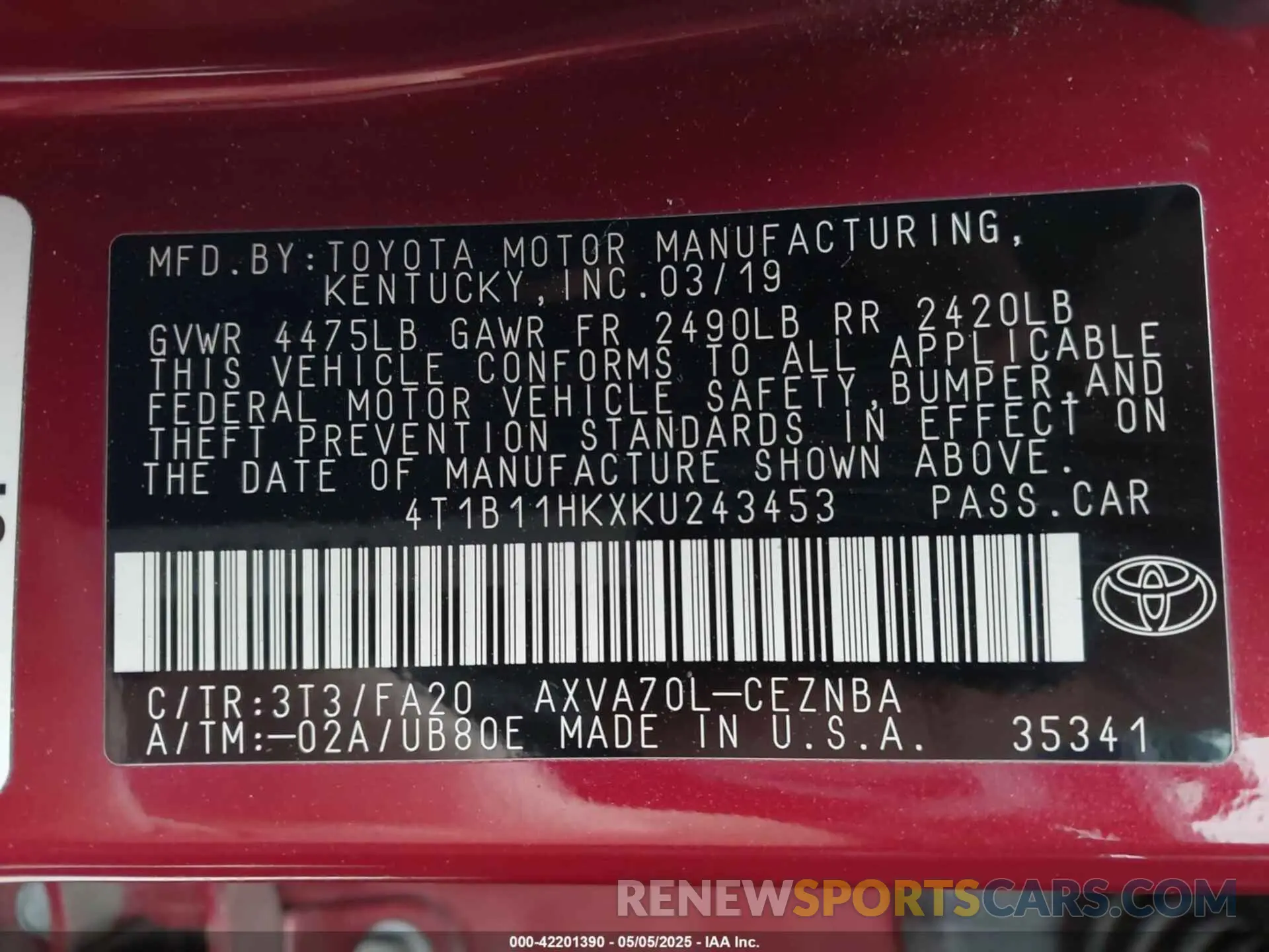 9 Photograph of a damaged car 4T1B11HKXKU243453 TOYOTA CAMRY 2019
