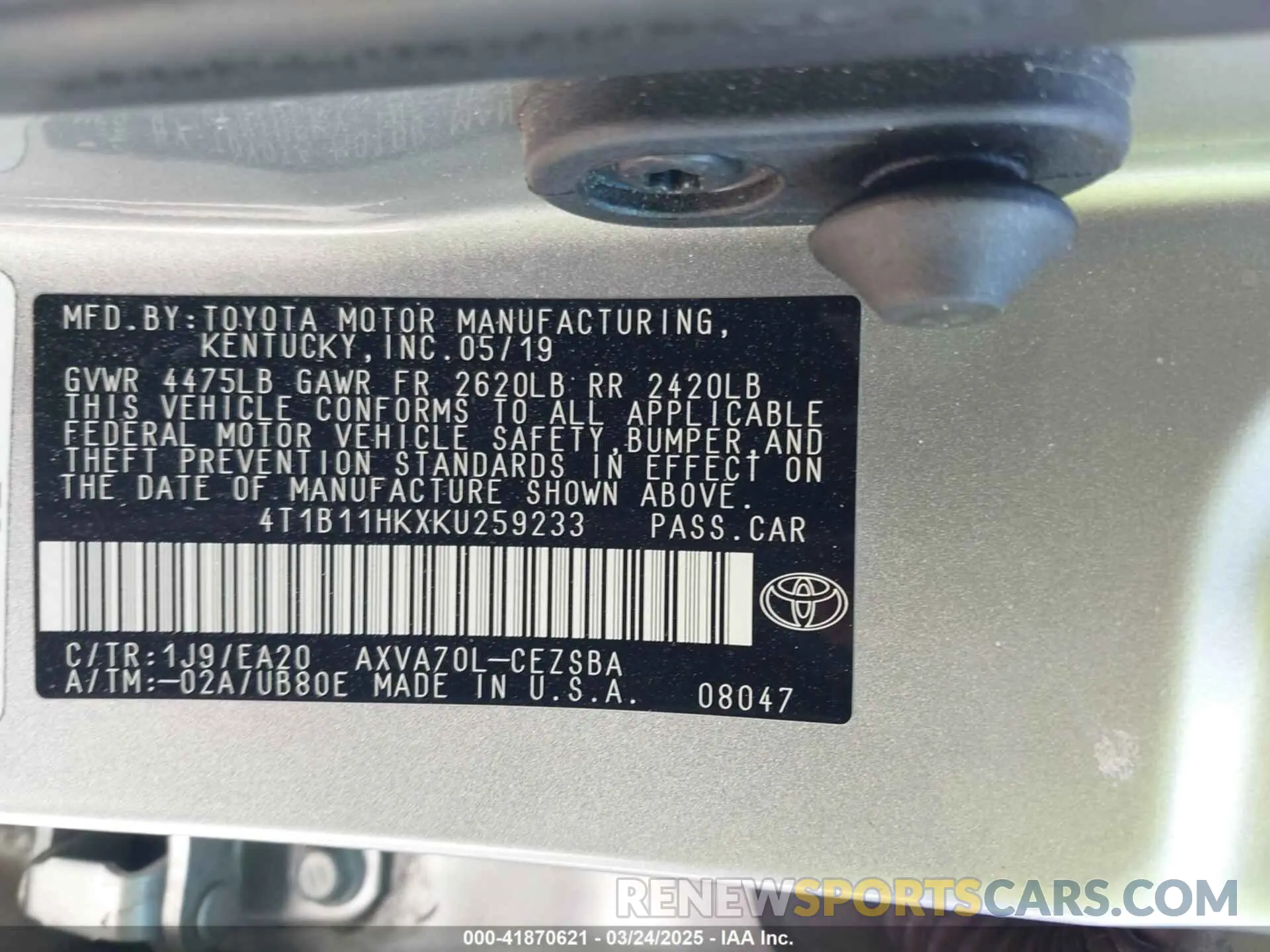 9 Photograph of a damaged car 4T1B11HKXKU259233 TOYOTA CAMRY 2019