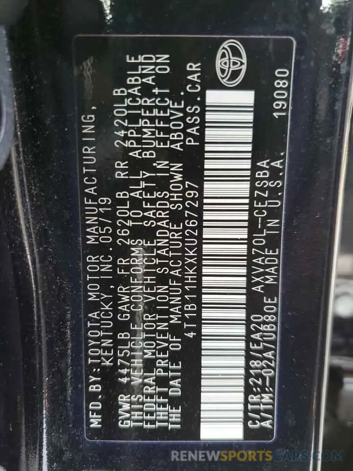 12 Photograph of a damaged car 4T1B11HKXKU267297 TOYOTA CAMRY 2019