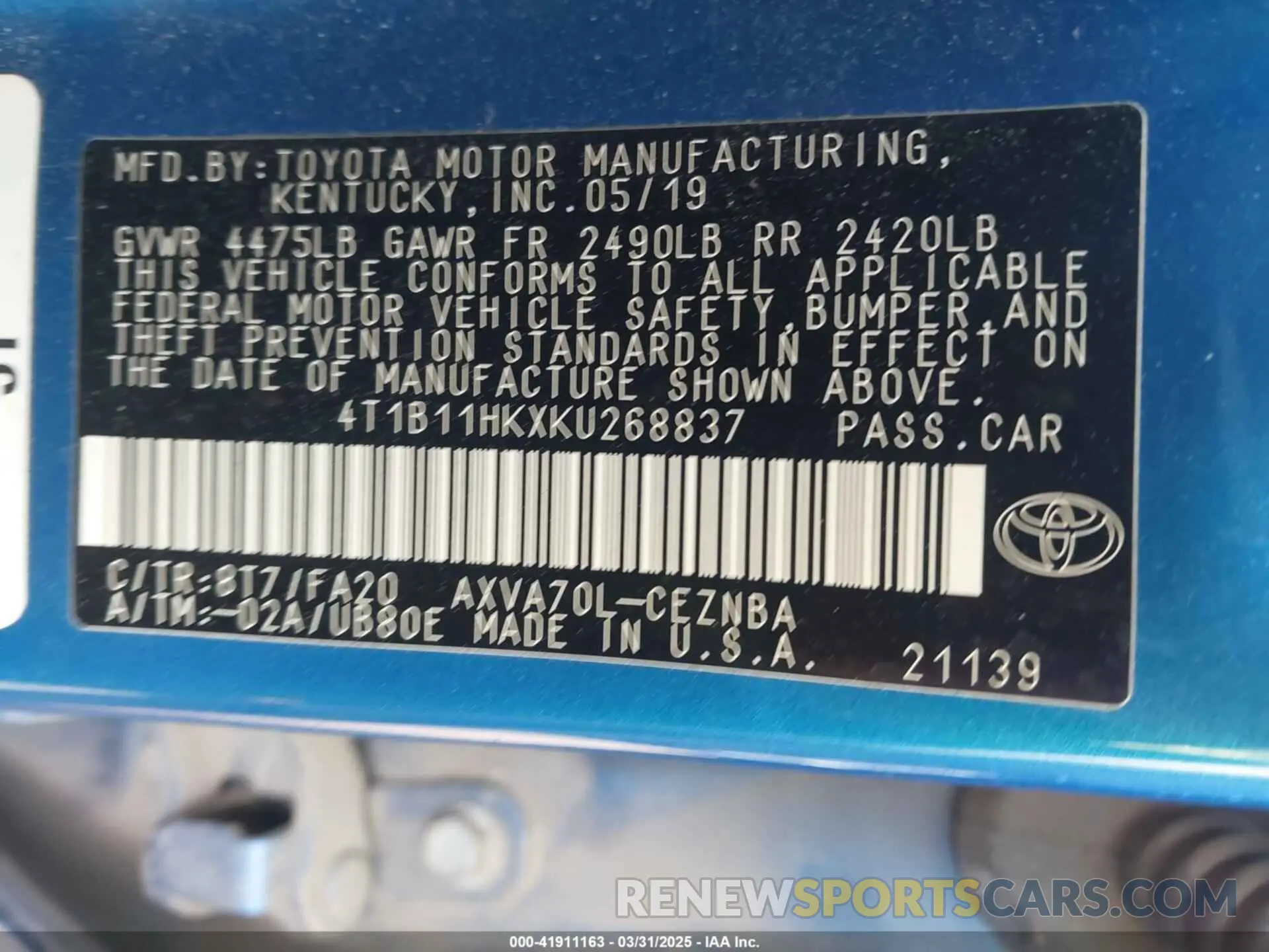 9 Photograph of a damaged car 4T1B11HKXKU268837 TOYOTA CAMRY 2019