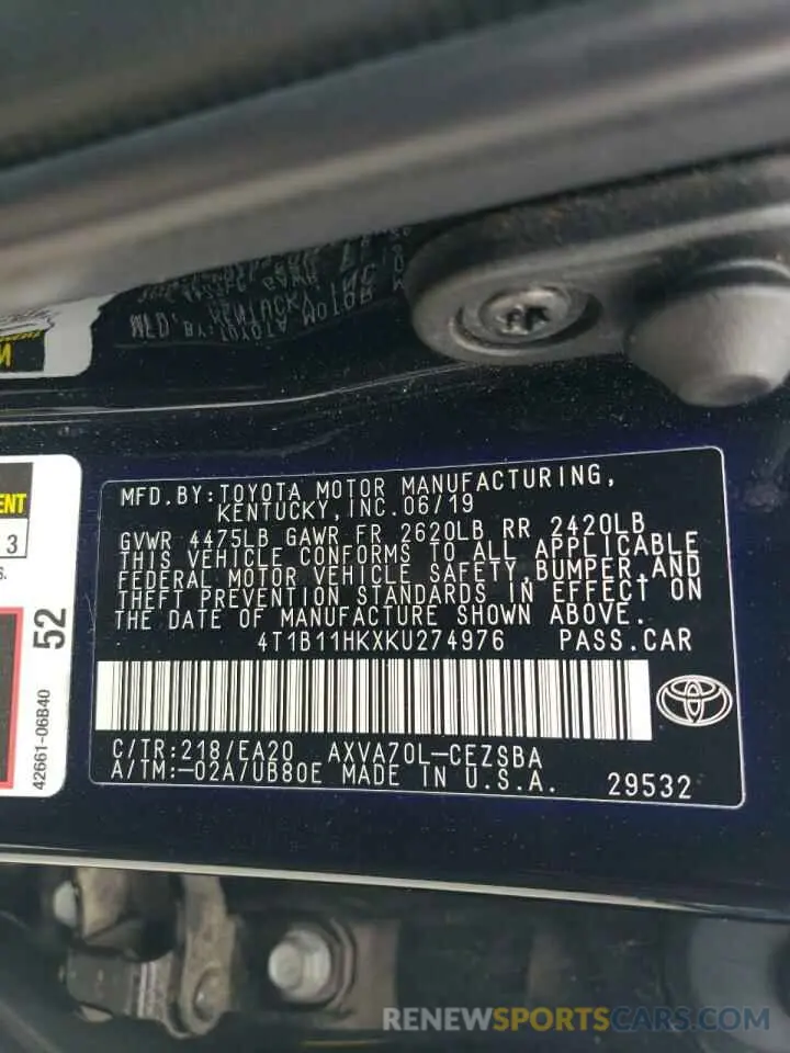 12 Photograph of a damaged car 4T1B11HKXKU274976 TOYOTA CAMRY 2019