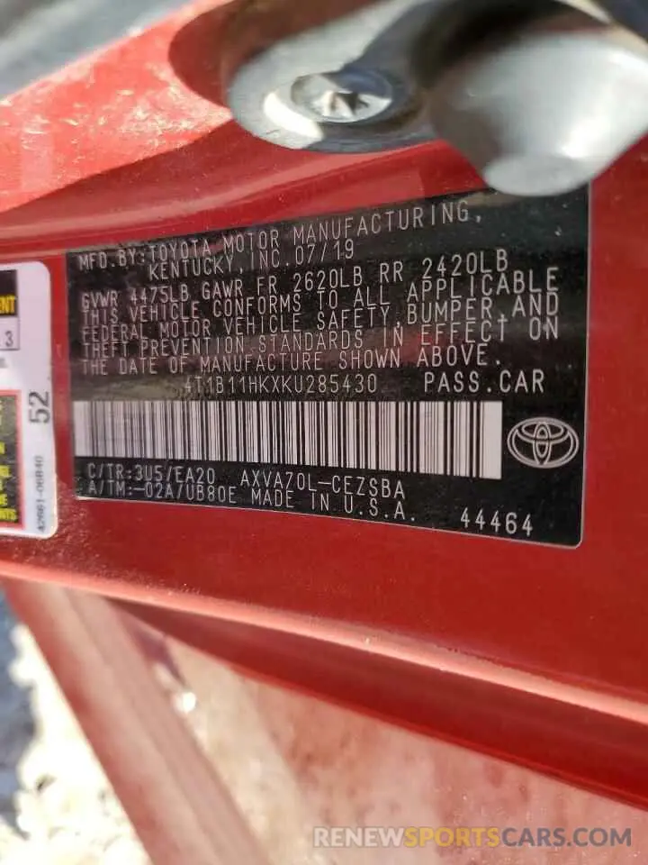 12 Photograph of a damaged car 4T1B11HKXKU285430 TOYOTA CAMRY 2019