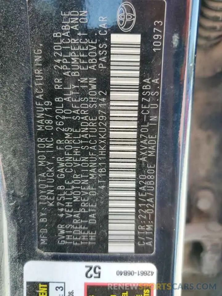 12 Photograph of a damaged car 4T1B11HKXKU297142 TOYOTA CAMRY 2019