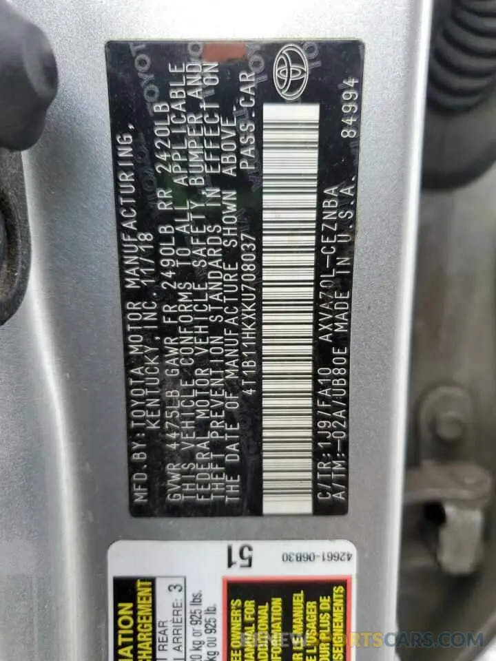 12 Photograph of a damaged car 4T1B11HKXKU708037 TOYOTA CAMRY 2019