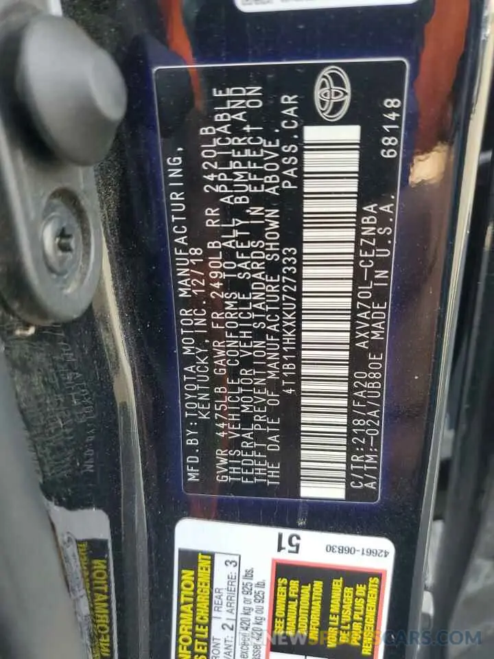 12 Photograph of a damaged car 4T1B11HKXKU727333 TOYOTA CAMRY 2019