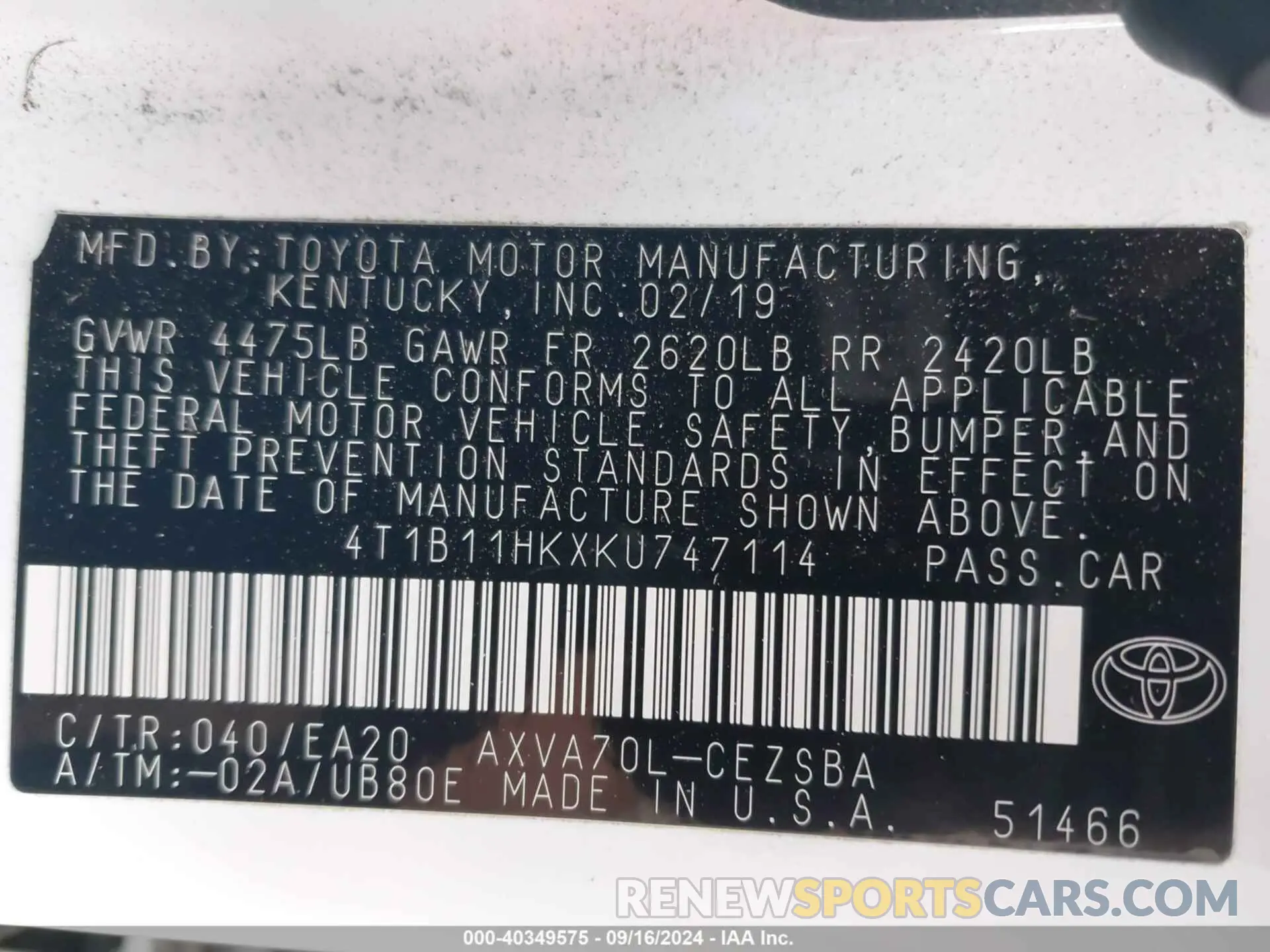 9 Photograph of a damaged car 4T1B11HKXKU747114 TOYOTA CAMRY 2019
