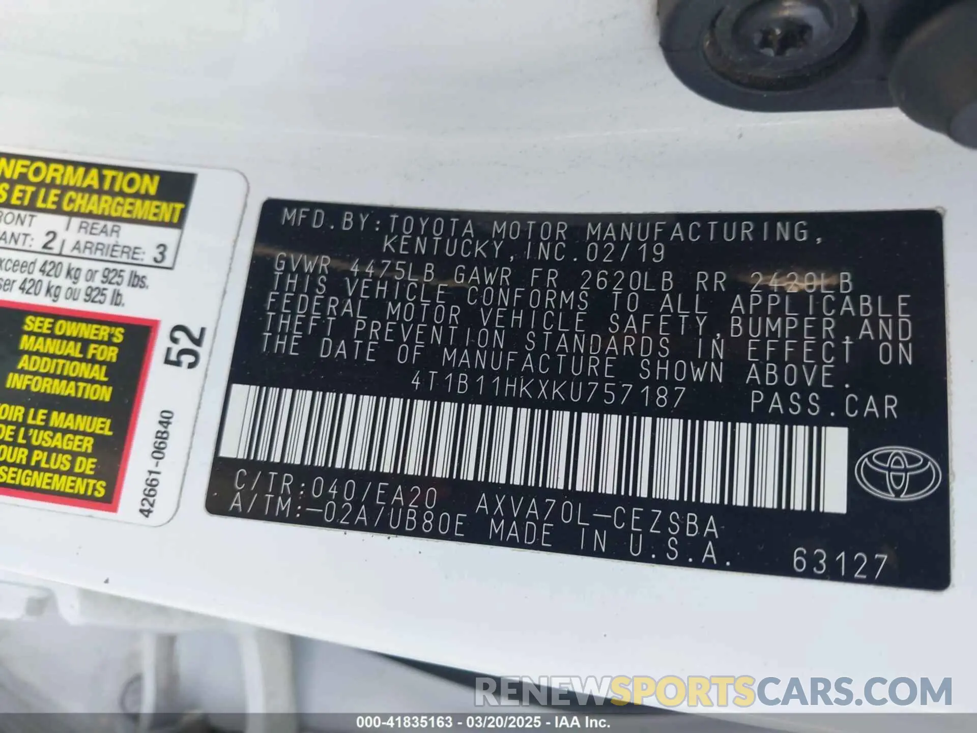 9 Photograph of a damaged car 4T1B11HKXKU757187 TOYOTA CAMRY 2019