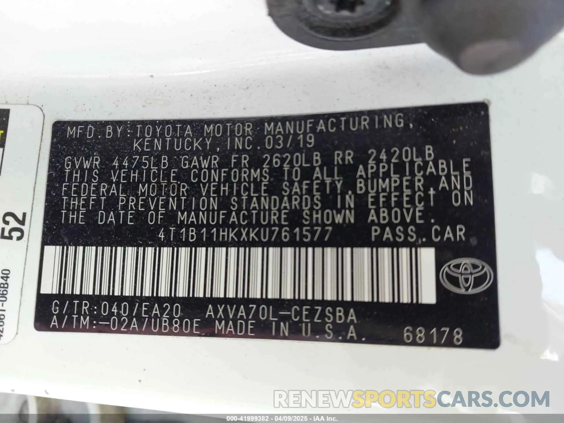 9 Photograph of a damaged car 4T1B11HKXKU761577 TOYOTA CAMRY 2019