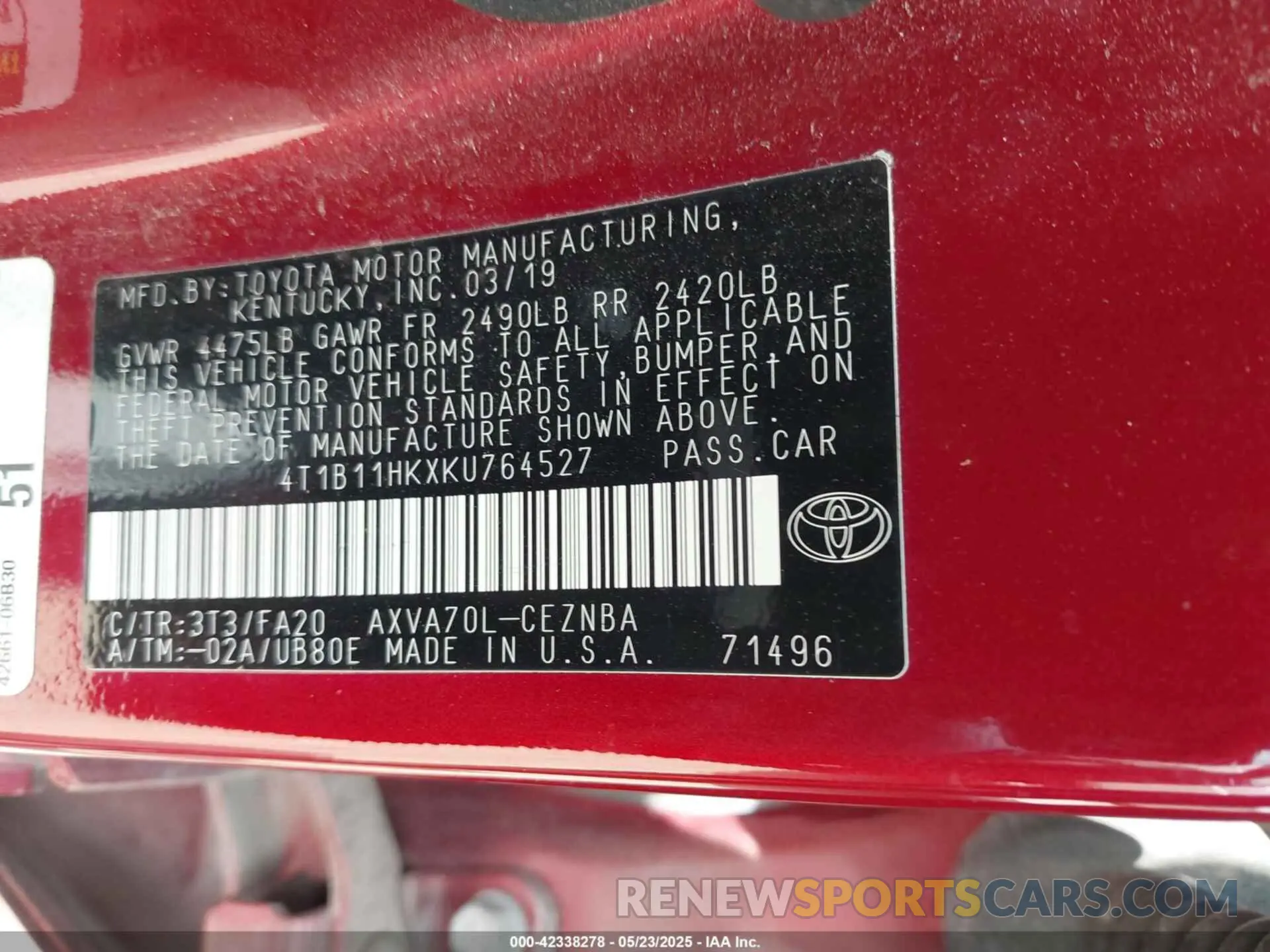 9 Photograph of a damaged car 4T1B11HKXKU764527 TOYOTA CAMRY 2019