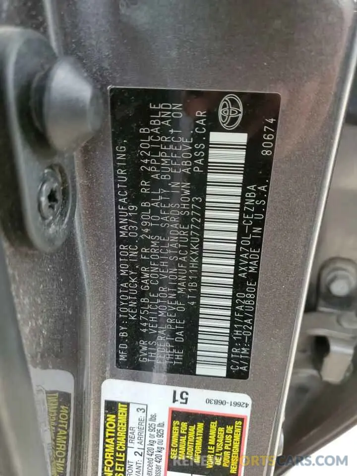 12 Photograph of a damaged car 4T1B11HKXKU772773 TOYOTA CAMRY 2019