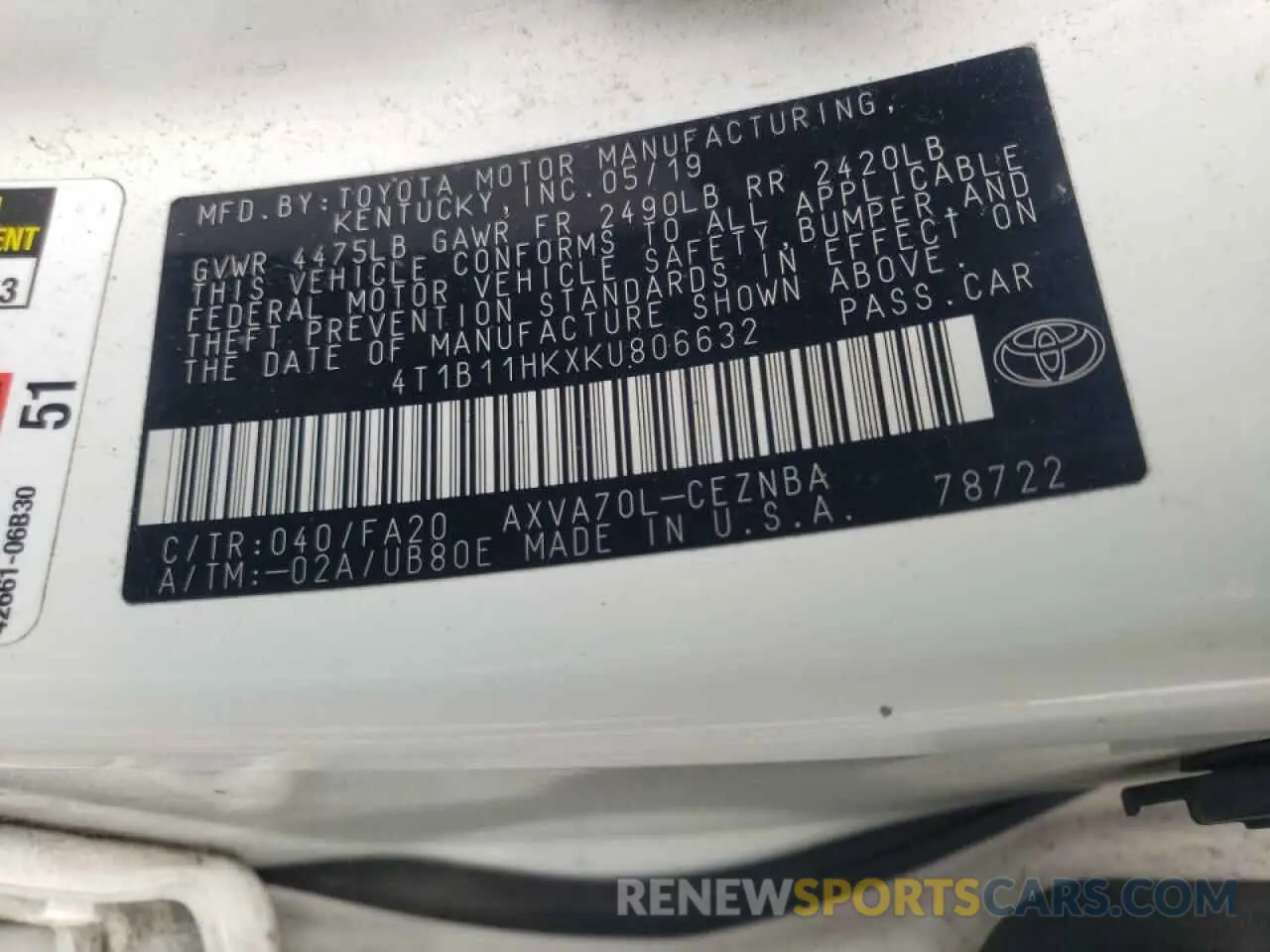 10 Photograph of a damaged car 4T1B11HKXKU806632 TOYOTA CAMRY 2019