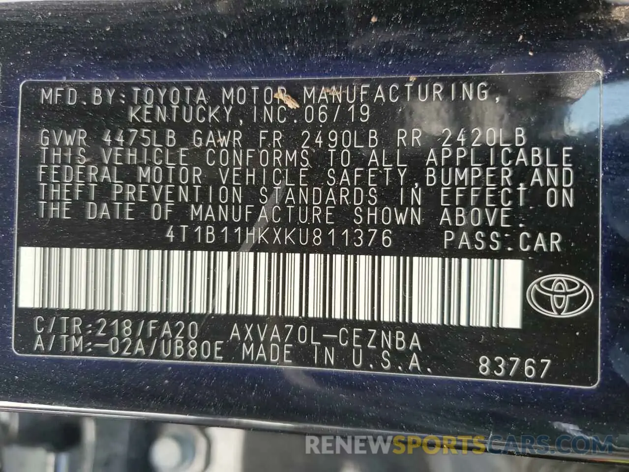 12 Photograph of a damaged car 4T1B11HKXKU811376 TOYOTA CAMRY 2019