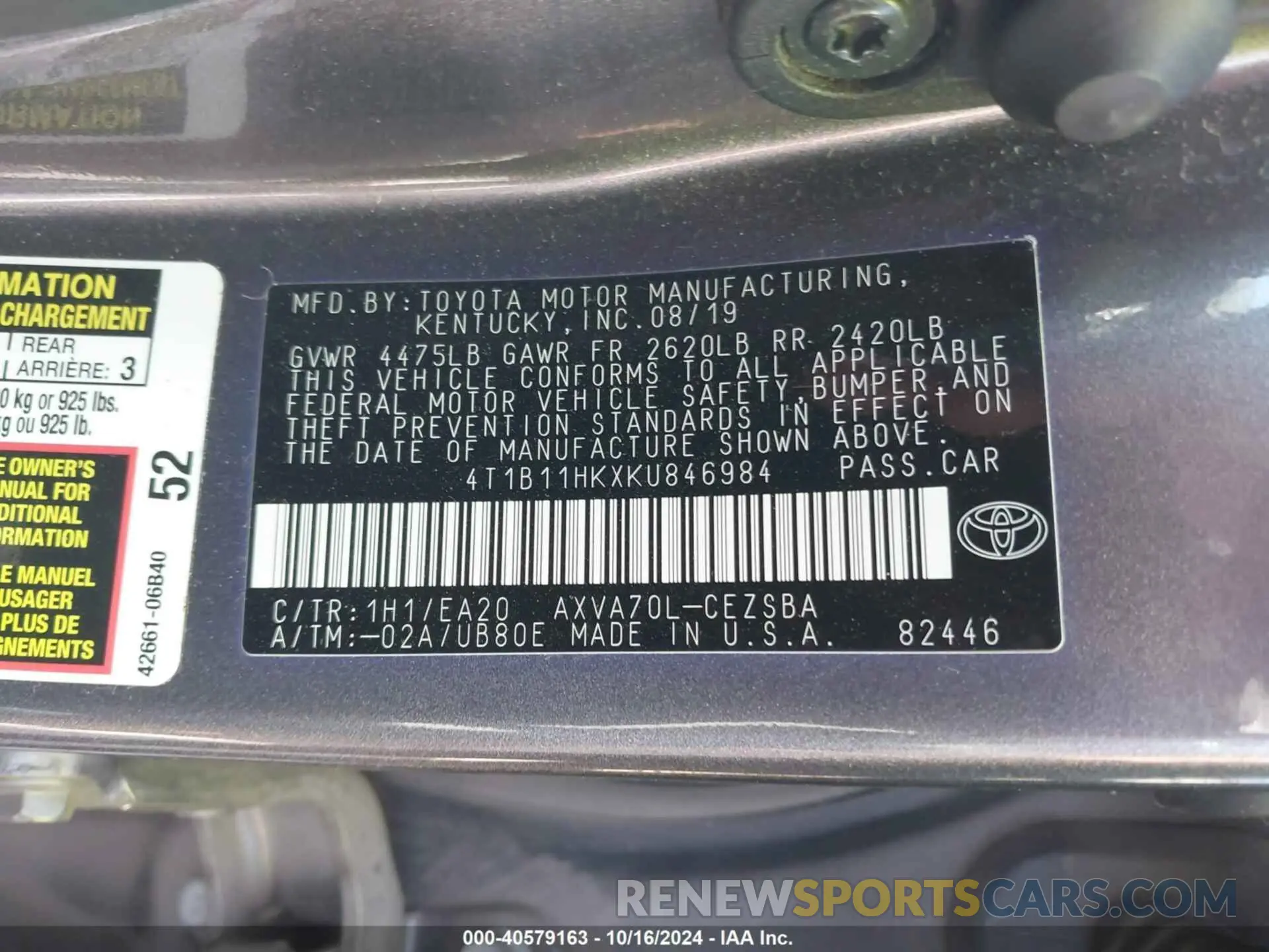 9 Photograph of a damaged car 4T1B11HKXKU846984 TOYOTA CAMRY 2019