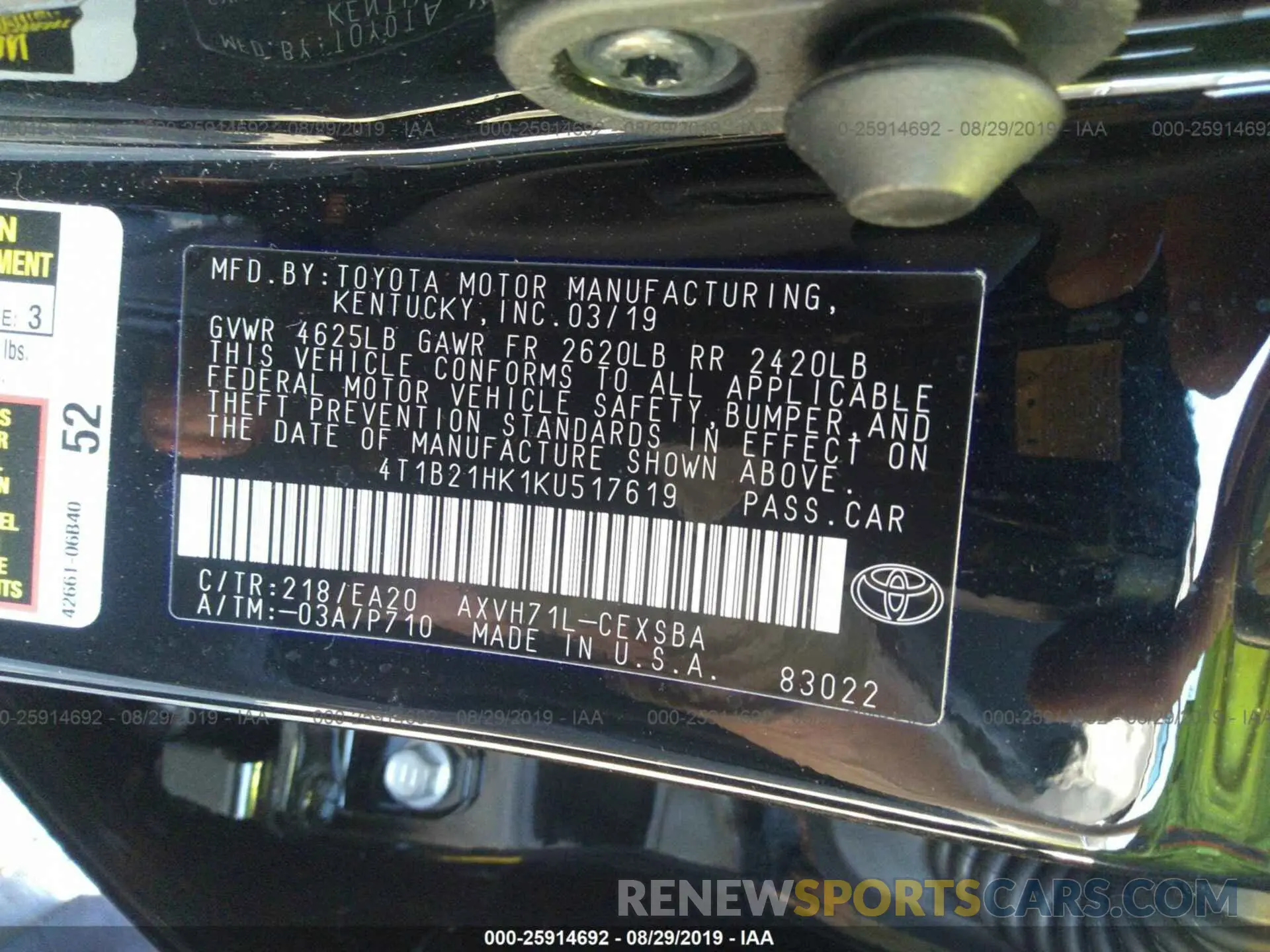 9 Photograph of a damaged car 4T1B21HK1KU517619 TOYOTA CAMRY 2019