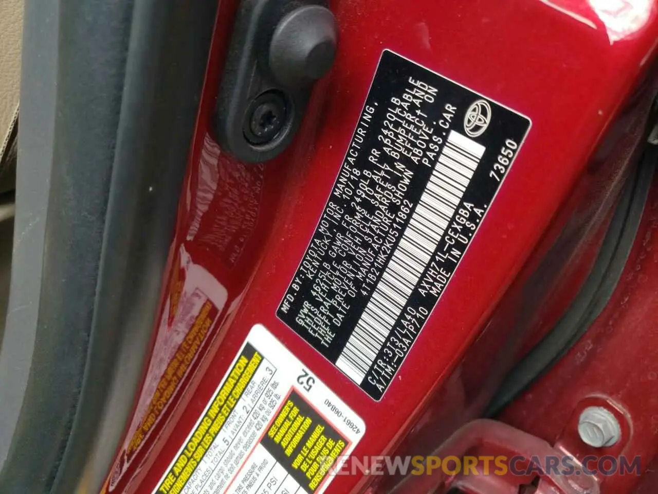 13 Photograph of a damaged car 4T1B21HK2KU511862 TOYOTA CAMRY 2019