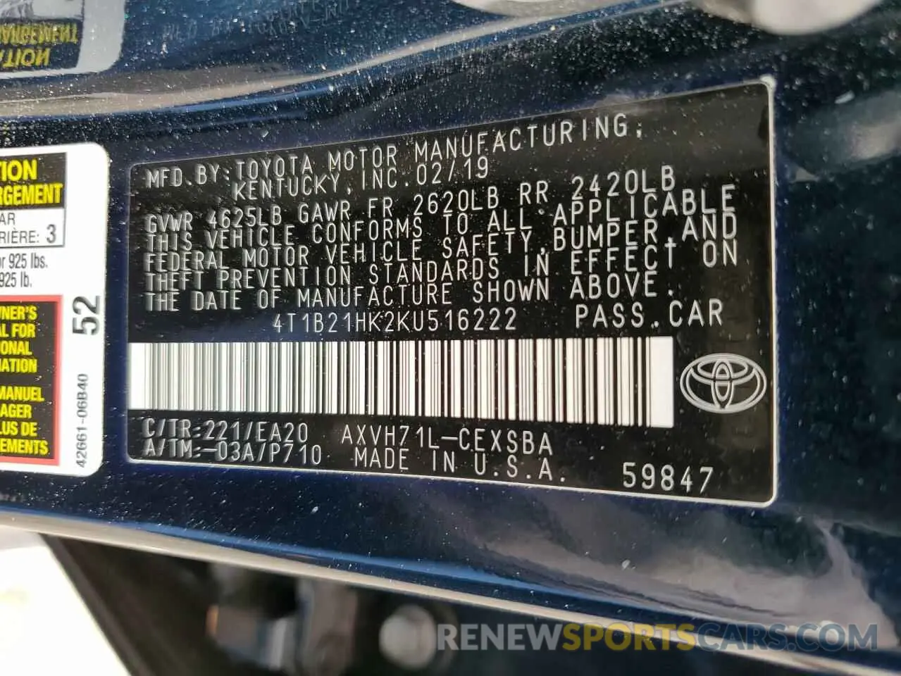 12 Photograph of a damaged car 4T1B21HK2KU516222 TOYOTA CAMRY 2019