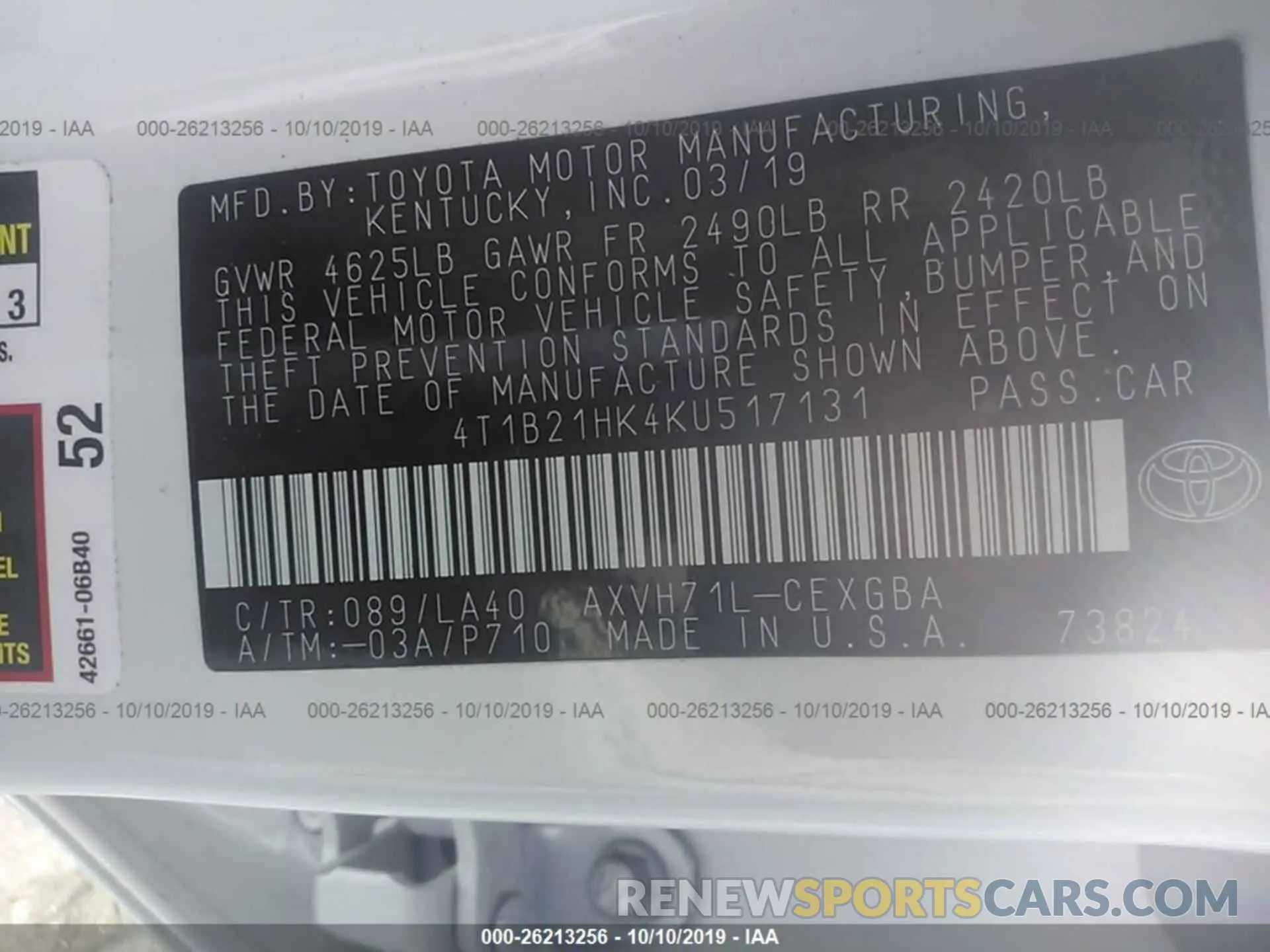 9 Photograph of a damaged car 4T1B21HK4KU517131 TOYOTA CAMRY 2019