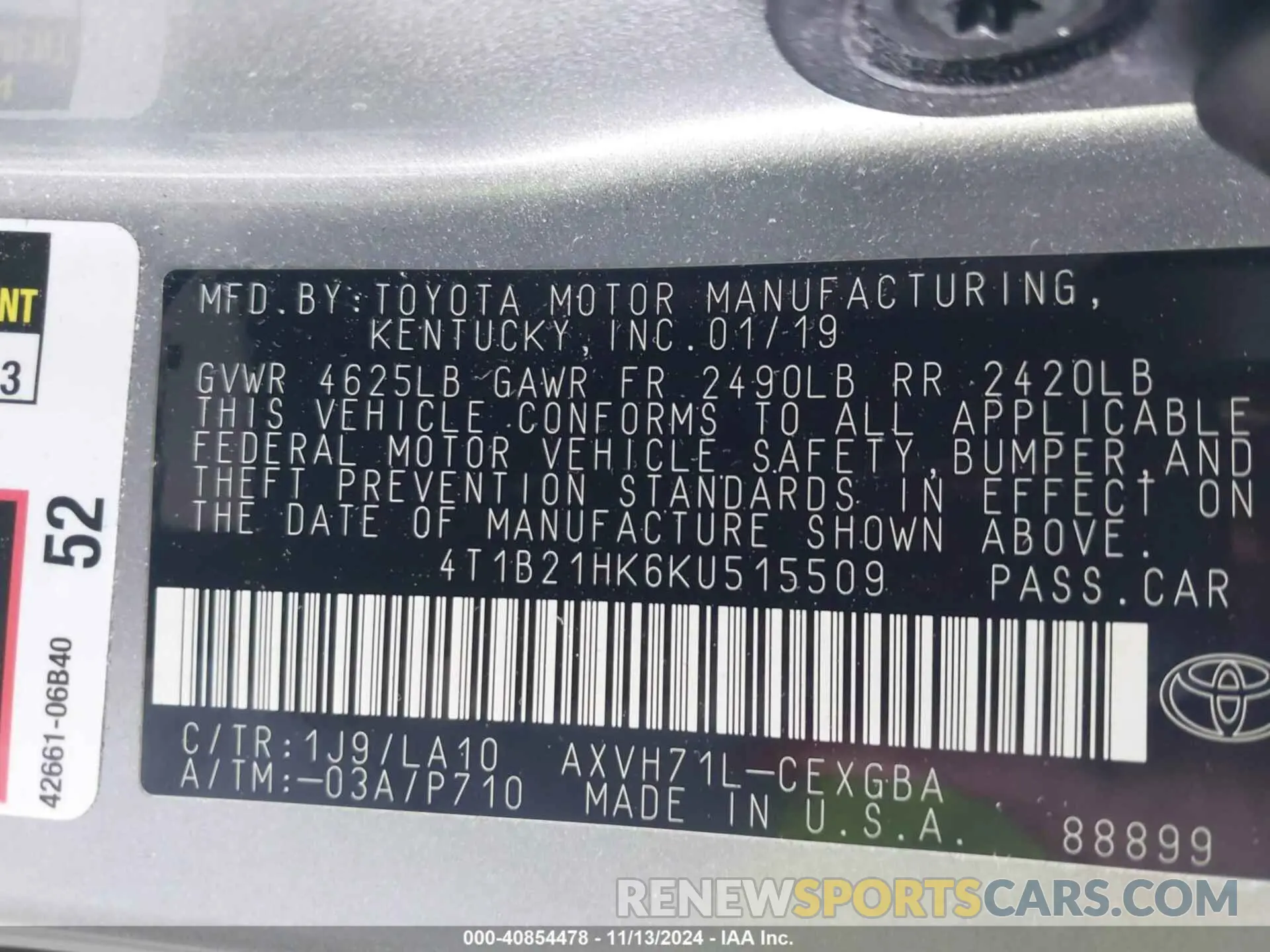 9 Photograph of a damaged car 4T1B21HK6KU515509 TOYOTA CAMRY 2019