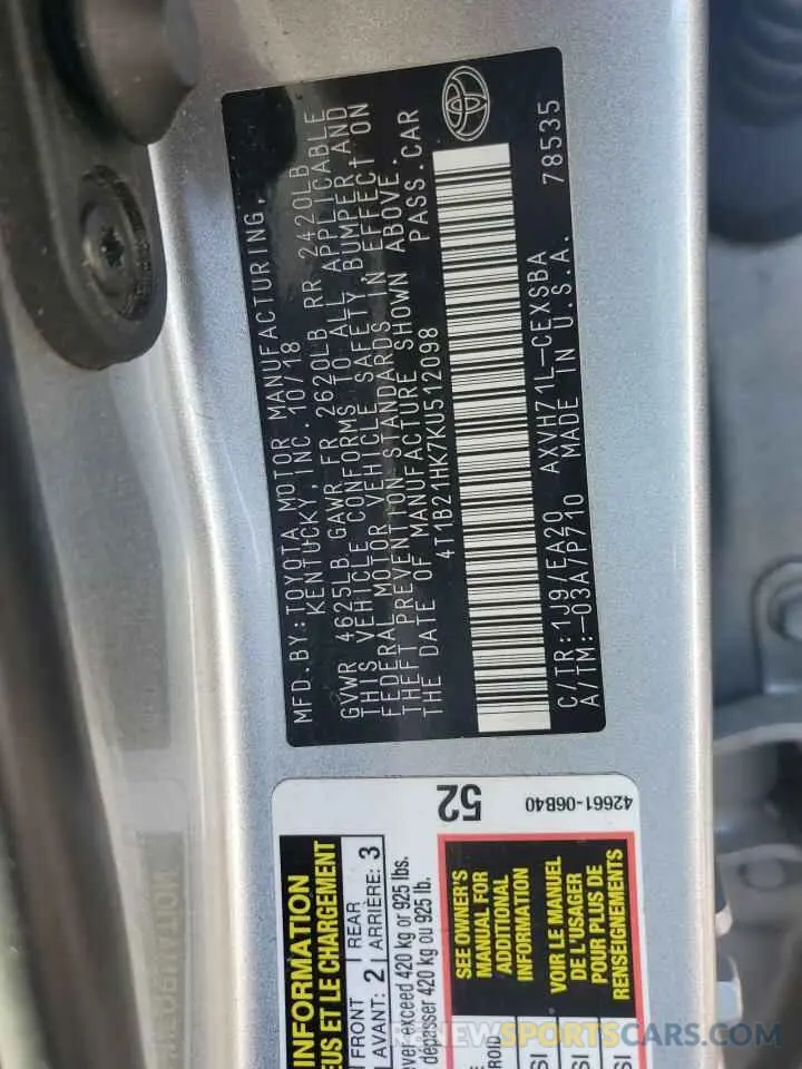 13 Photograph of a damaged car 4T1B21HK7KU512098 TOYOTA CAMRY 2019