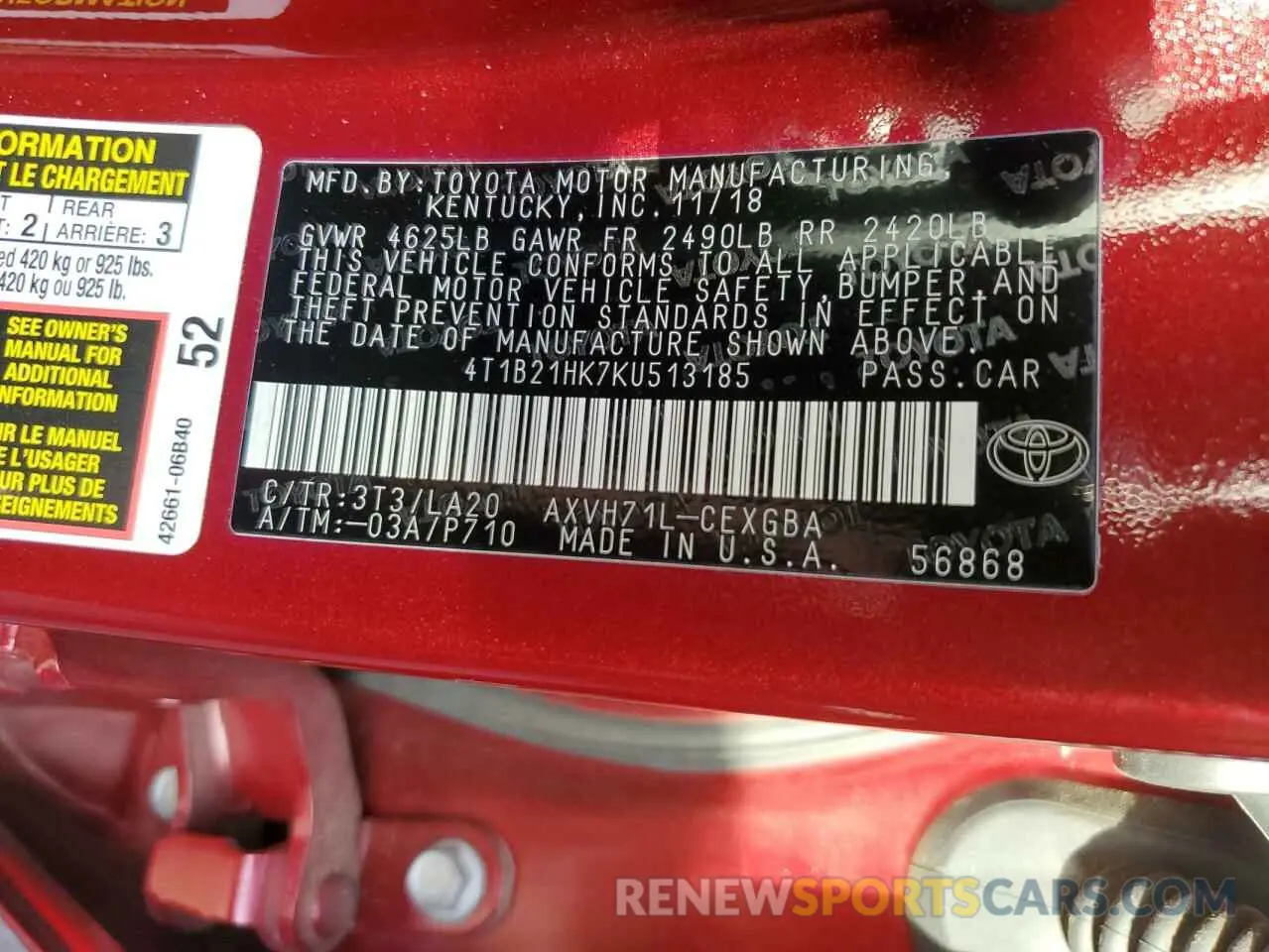 12 Photograph of a damaged car 4T1B21HK7KU513185 TOYOTA CAMRY 2019