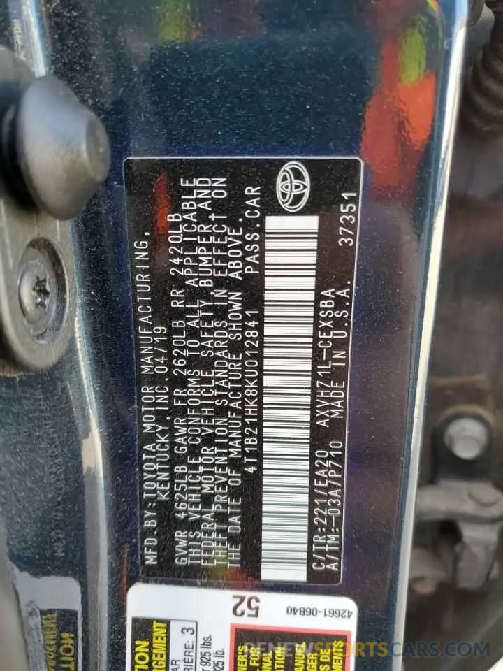 13 Photograph of a damaged car 4T1B21HK8KU012841 TOYOTA CAMRY 2019