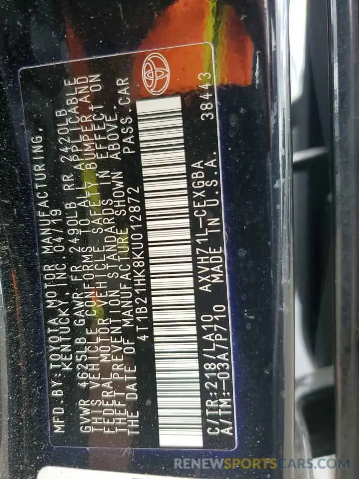 12 Photograph of a damaged car 4T1B21HK8KU012872 TOYOTA CAMRY 2019