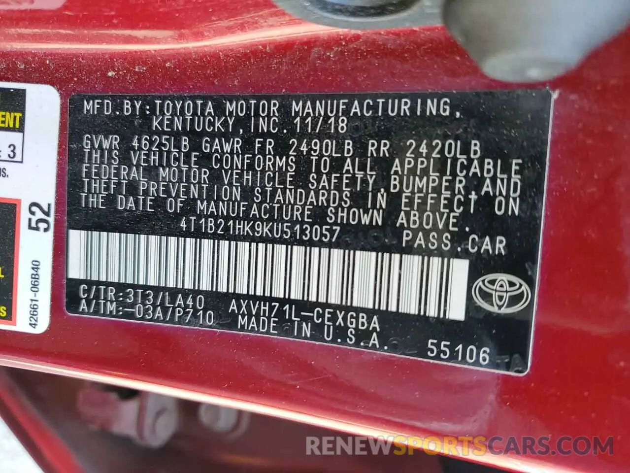 14 Photograph of a damaged car 4T1B21HK9KU513057 TOYOTA CAMRY 2019