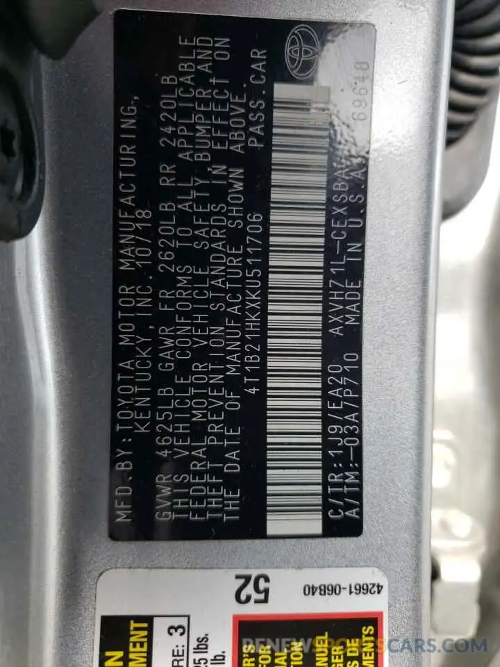 12 Photograph of a damaged car 4T1B21HKXKU511706 TOYOTA CAMRY 2019