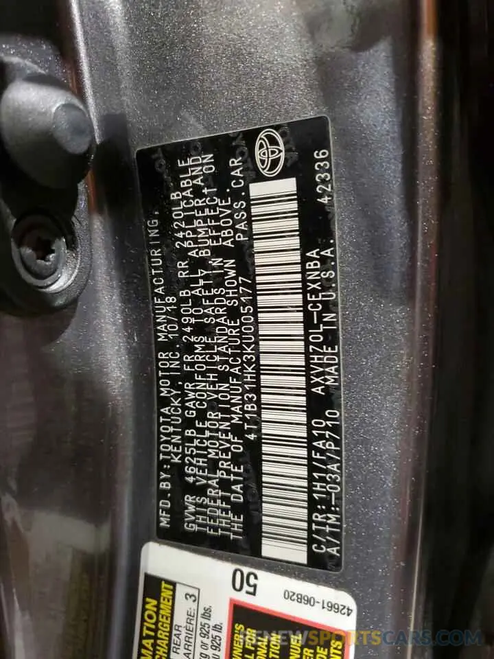 13 Photograph of a damaged car 4T1B31HK3KU005177 TOYOTA CAMRY 2019