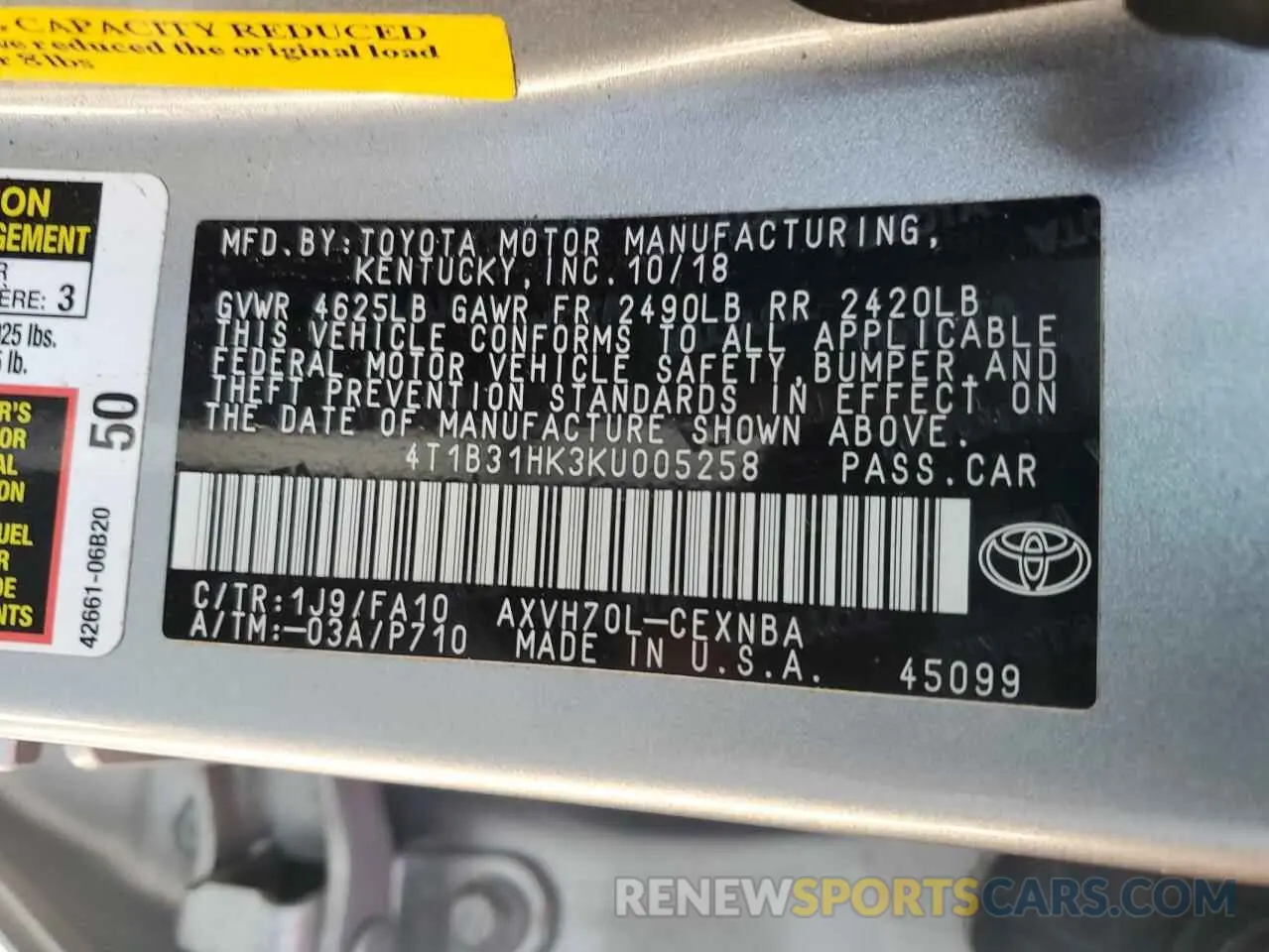 12 Photograph of a damaged car 4T1B31HK3KU005258 TOYOTA CAMRY 2019