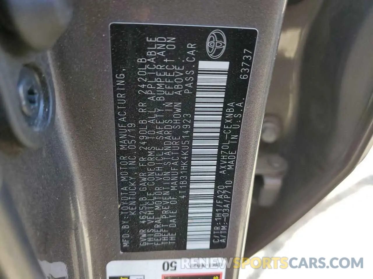 13 Photograph of a damaged car 4T1B31HK4KU514923 TOYOTA CAMRY 2019