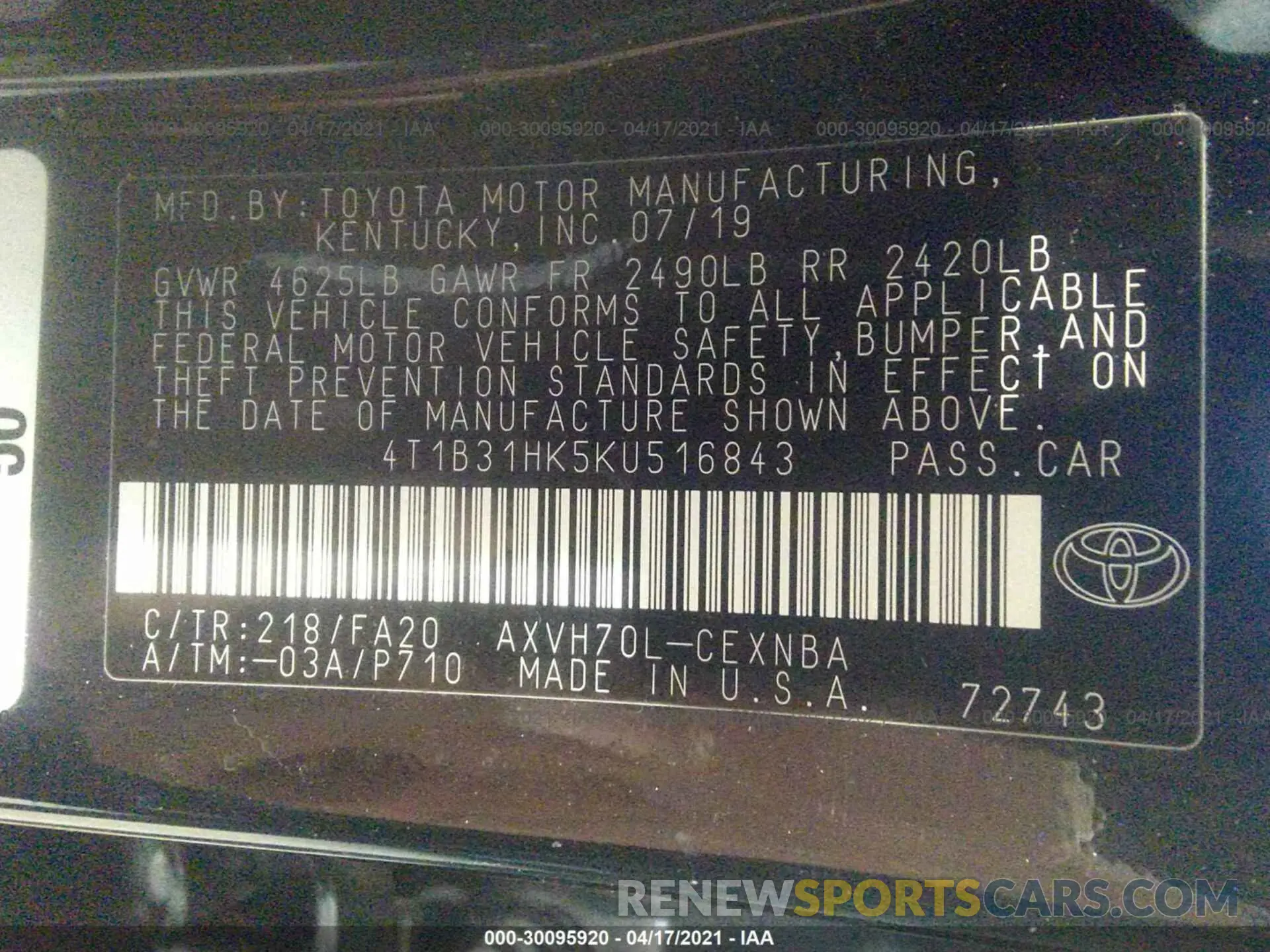 9 Photograph of a damaged car 4T1B31HK5KU516843 TOYOTA CAMRY 2019