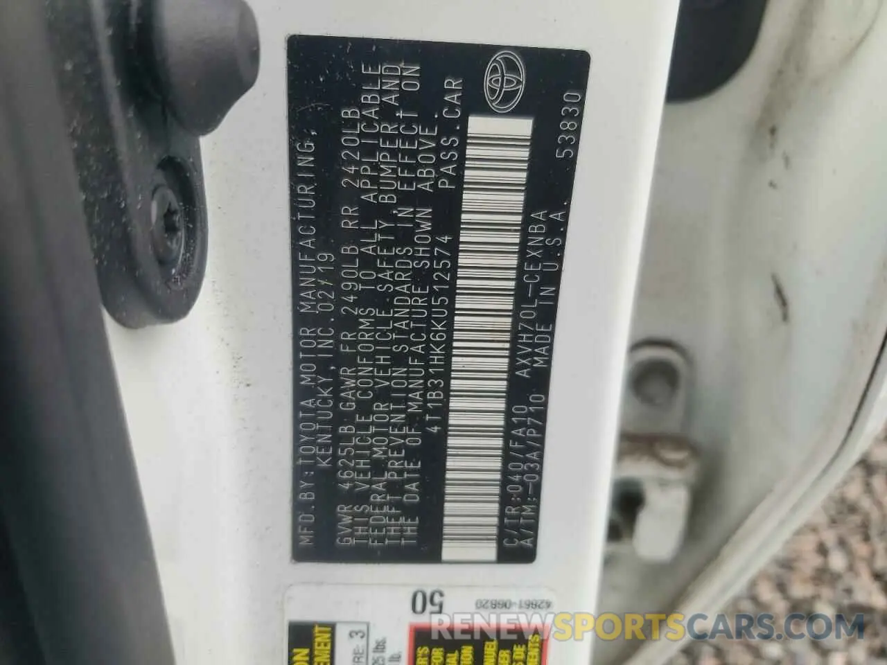 13 Photograph of a damaged car 4T1B31HK6KU512574 TOYOTA CAMRY 2019