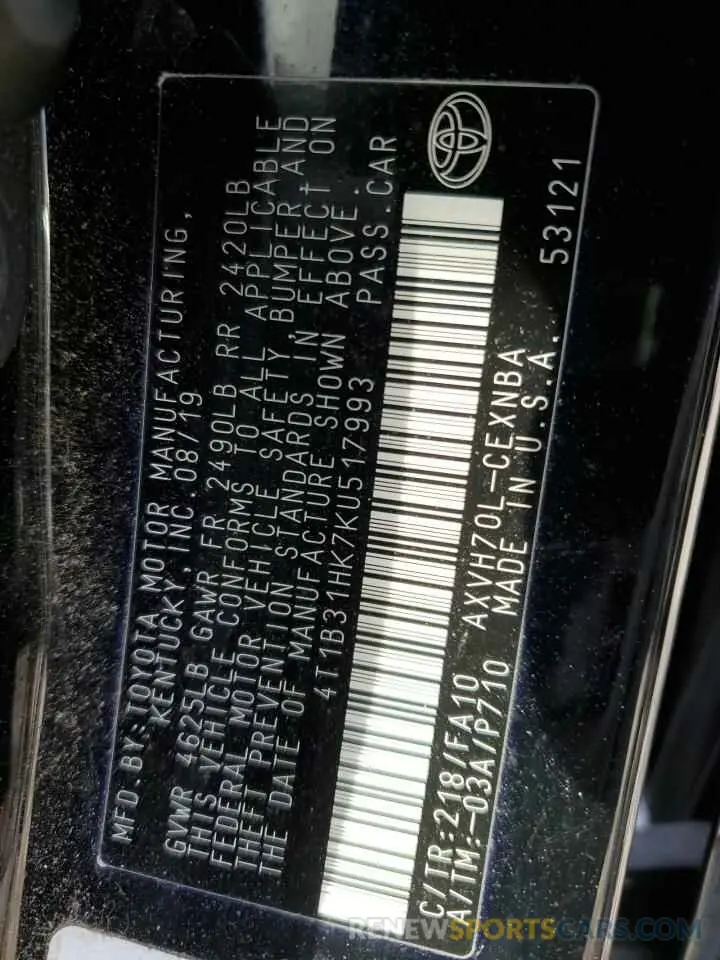 12 Photograph of a damaged car 4T1B31HK7KU517993 TOYOTA CAMRY 2019