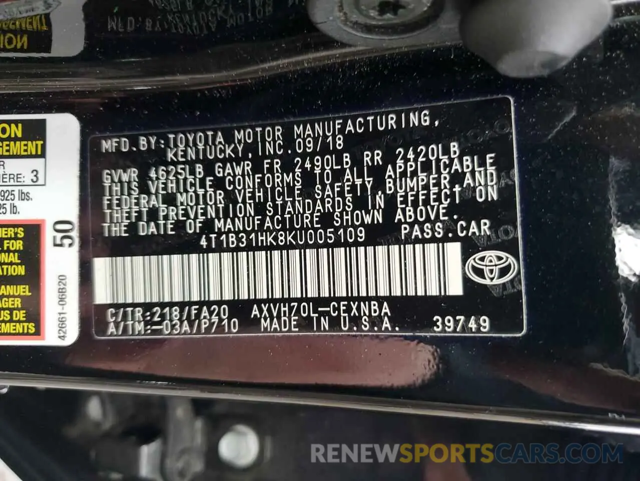 12 Photograph of a damaged car 4T1B31HK8KU005109 TOYOTA CAMRY 2019