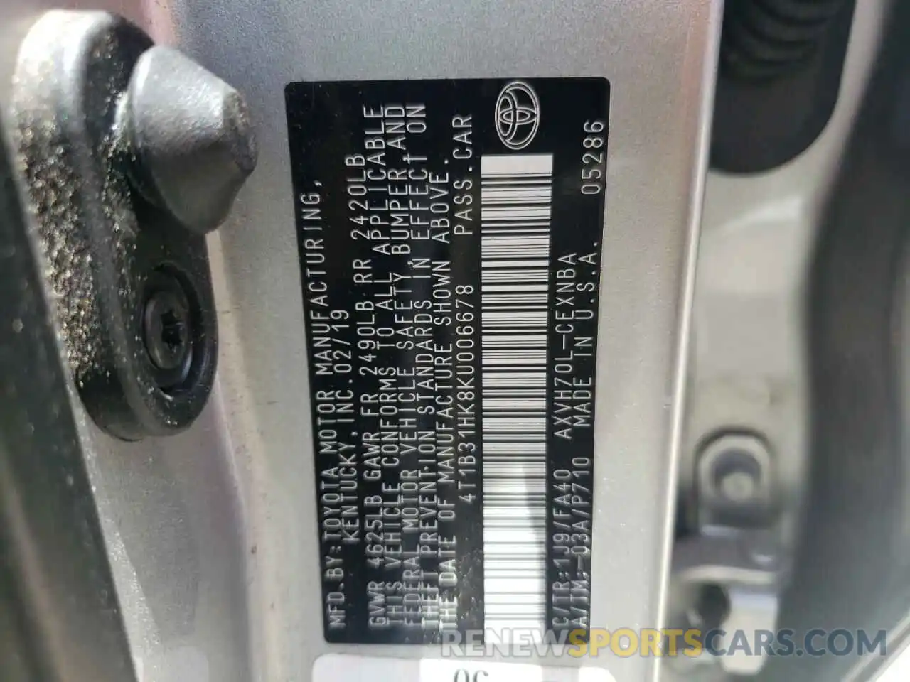 10 Photograph of a damaged car 4T1B31HK8KU006678 TOYOTA CAMRY 2019