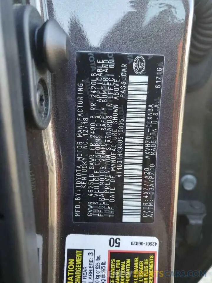 12 Photograph of a damaged car 4T1B31HK9KU510835 TOYOTA CAMRY 2019