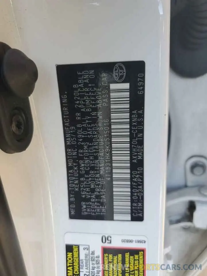 13 Photograph of a damaged car 4T1B31HK9KU515016 TOYOTA CAMRY 2019