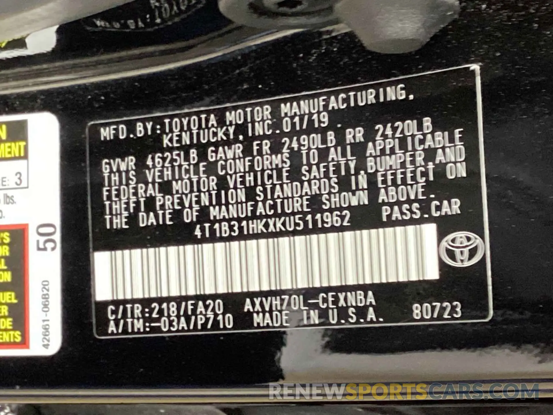 19 Photograph of a damaged car 4T1B31HKXKU511962 TOYOTA CAMRY 2019