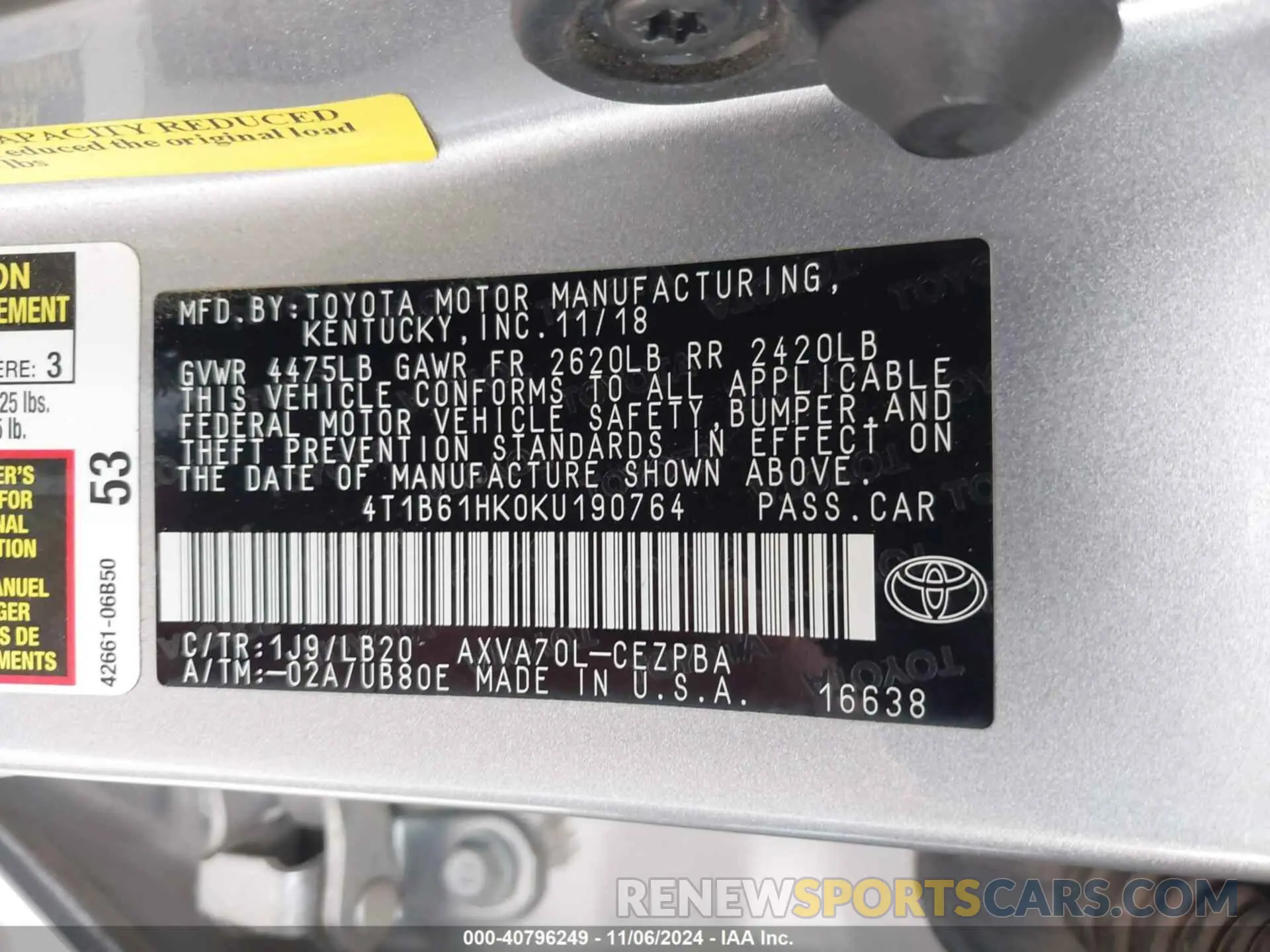 9 Photograph of a damaged car 4T1B61HK0KU190764 TOYOTA CAMRY 2019