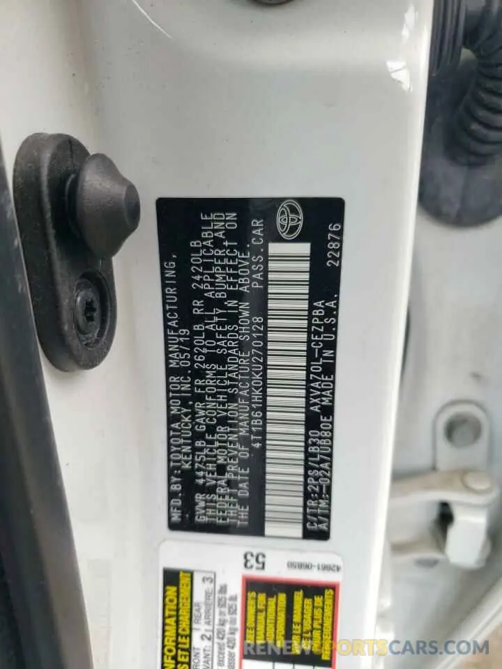 12 Photograph of a damaged car 4T1B61HK0KU270128 TOYOTA CAMRY 2019