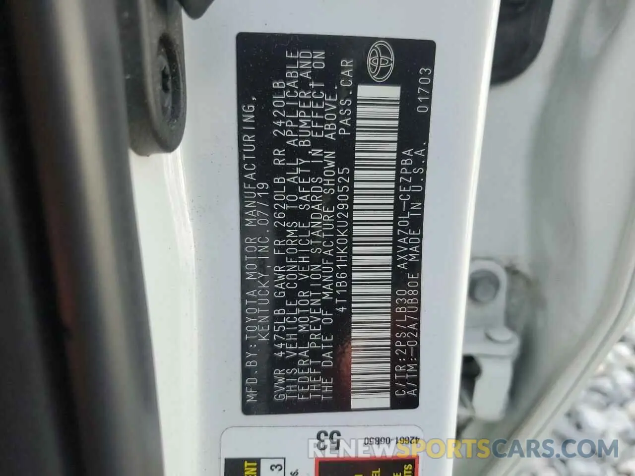 12 Photograph of a damaged car 4T1B61HK0KU290525 TOYOTA CAMRY 2019