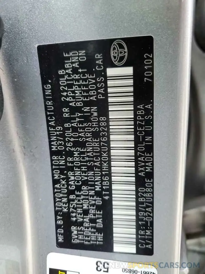 13 Photograph of a damaged car 4T1B61HK0KU763288 TOYOTA CAMRY 2019